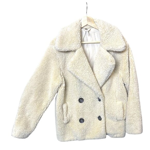 Free People Teddy Sherpa Pea Coat Oatmeal XS Cozy & Soft Double Breasted Jacket - Picture 4 of 11